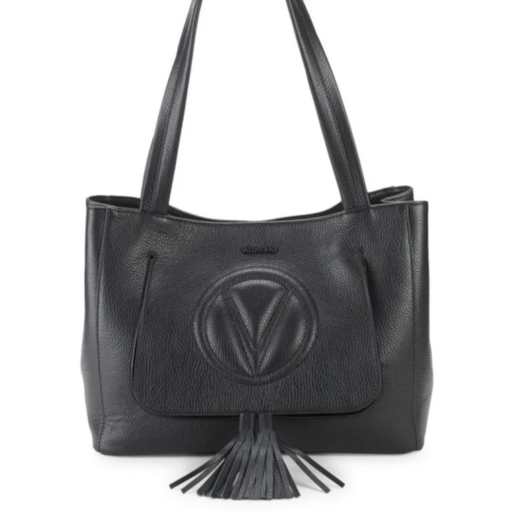 Mario Valentino Spa Black Leather Hobo Tote with Tassel